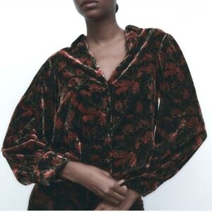 Zara Velvet Floral Charlotte Black Whimsigoth Puff Sleeve Blouse  Size XL